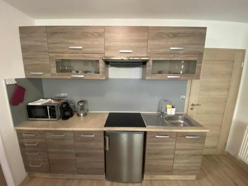 eine kleine Küche mit Spüle und Mikrowelle in der Unterkunft Všemina apartmán s terasou in Všemina