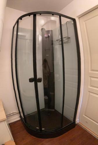 a glass shower in the corner of a room at Confortable studio centre ville in Nancy