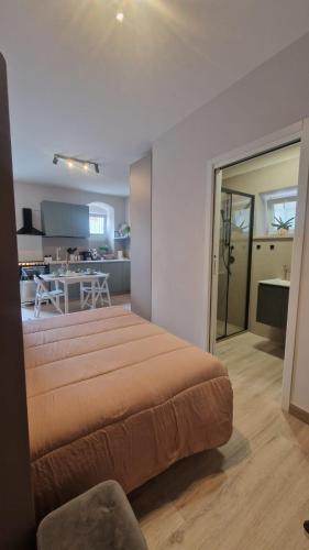 a bedroom with a large bed and a kitchen at CB Apartments in Bonito