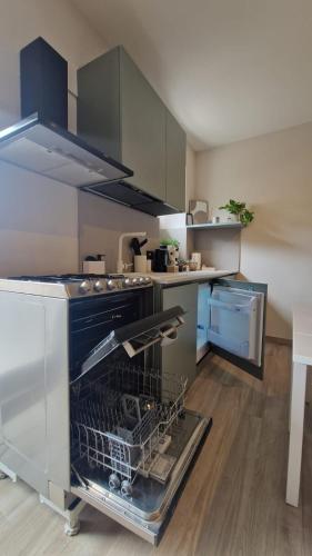 a kitchen with an oven with a dish rack in it at CB Apartments in Bonito