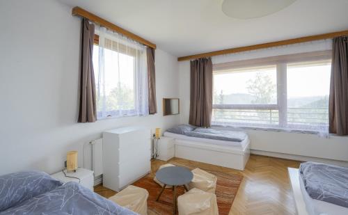 a bedroom with two beds and a window at Vilas & Wellness Resort Orlík in KozÃ¡rovice