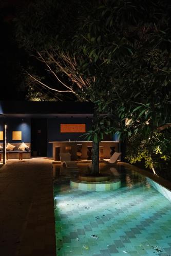 a tree in the middle of a pool at night at Casa Cristina Fresh Boutique Hotel in Cuernavaca