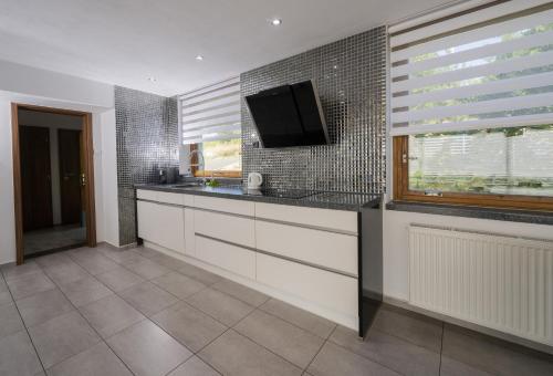 a kitchen with white cabinets and a flat screen tv at Vilas & Wellness Resort Orlík in KozÃ¡rovice