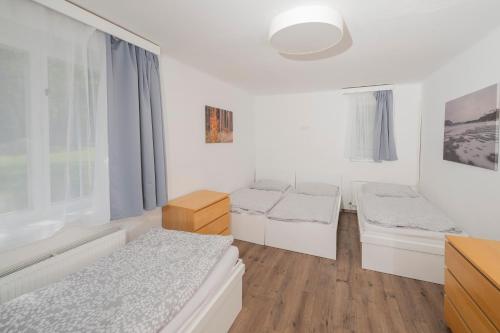 a bedroom with two beds and a window at Vilas & Wellness Resort Orlík in KozÃ¡rovice