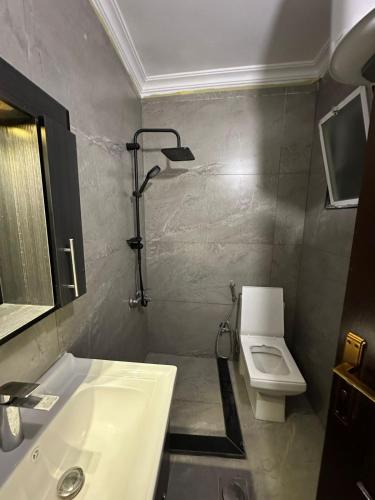 a bathroom with a sink and a toilet and a shower at Super deluxe apartment in Irbid