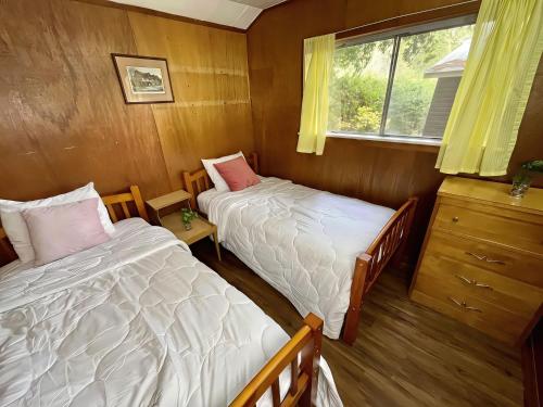 Un dormitorio con dos camas y una ventana. en Ambleside - 2-Bedroom Cottage #8, en Kawartha Lakes