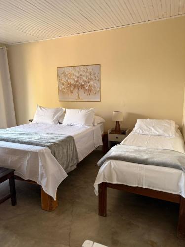 a bedroom with two beds and a painting on the wall at Pousada/Camping Mirante Serrano in Alto Paraíso de Goiás