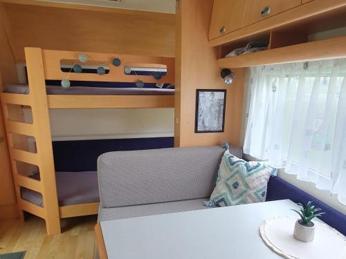 a small room with a bunk bed and a table at Brigga Camping Mietwohnwagen in Ritzingen