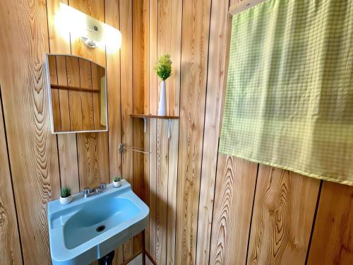 baño con lavabo azul y paredes de madera en 2-Bedroom Cottage #9 - Ambleside, en Kawartha Lakes