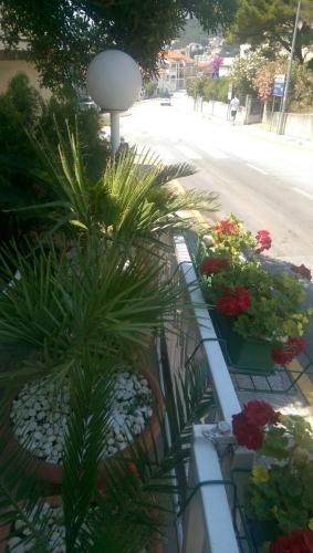 a balcony with flowers on the side of a street at KUĆA ŠKRABIĆ in Baška Voda