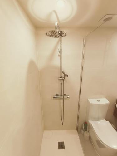 a shower in a bathroom with a toilet at LOFT ROYAL - apartamento "loft" con terraza y vistas al mar in Faro de Cullera