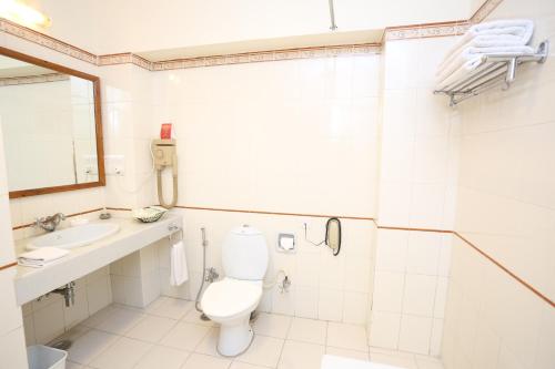a bathroom with a toilet and a sink and a shower at Garden Hotel - Heritage by HRH Group of Hotels in Udaipur