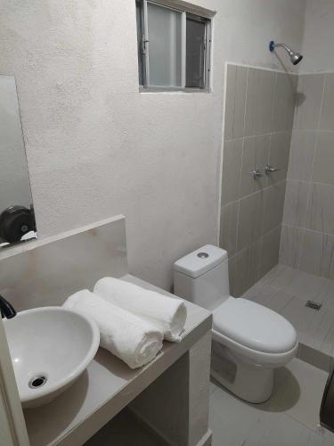 a white bathroom with a sink and a toilet at Quinta Milenium in Monterrey