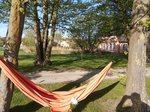 an orange hammock tied to a tree in a yard at Schloss Krugsdorf Golf & Hotel in Krugsdorf
