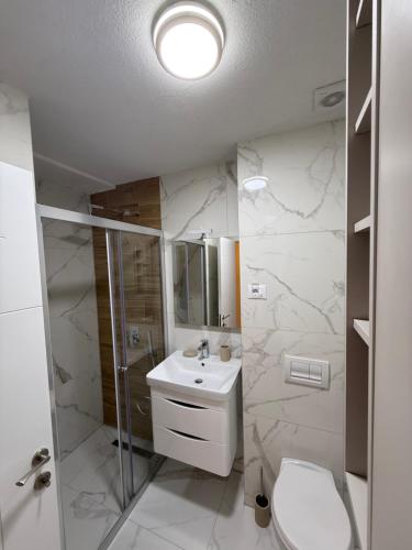 a bathroom with a toilet and a sink and a shower at Diamond H in Podgorica