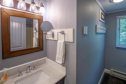 a bathroom with a sink and a mirror at Walk to Lake Family Home with Game Room, Deck and BBQ in Lake Harmony
