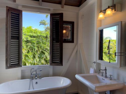 un bagno con vasca, lavandino e finestra di Hermitage Nevis a Nevis