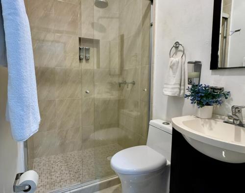 a bathroom with a shower and a toilet and a sink at Casa Balam Gladiolas in Cancún