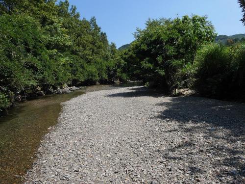 a gravel road with trees on the side of a river at 横輪弘法の宿 in Ise