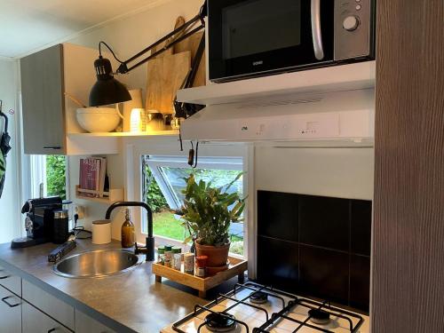 a kitchen with a sink and a microwave above a stove at Het Relaxplekje 4 persoons chalet privé hottub in Voorthuizen