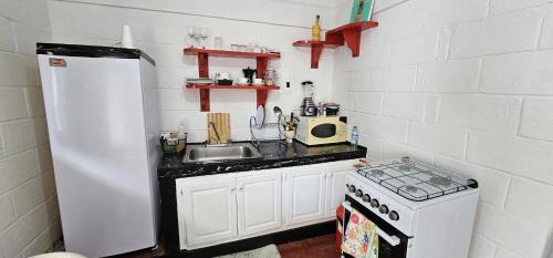 a small kitchen with a sink and a white refrigerator at Brisas de Jarabacoa in Jarabacoa
