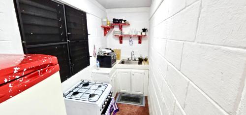a small kitchen with a stove and a sink at Brisas de Jarabacoa in Jarabacoa