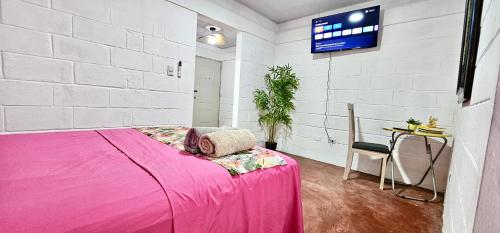 a bedroom with a pink bed and a table and a tv at Brisas de Jarabacoa in Jarabacoa