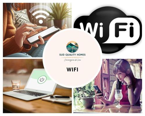 a collage of photos with a woman using a cell phone at Les Terrasses du Port - VUE Port - Wifi - Parking - Clim in Leucate-Plage