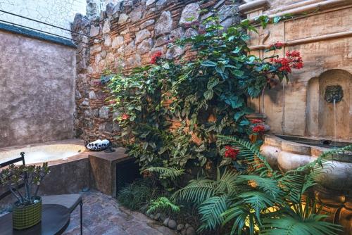 a stone wall with a plant next to a bath tub at El Convento Boutique Hotel in Antigua Guatemala