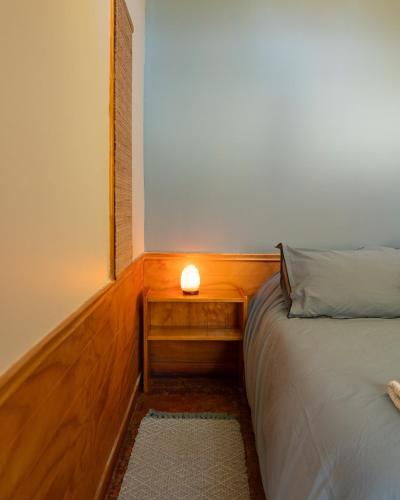 a bedroom with a bed and a lamp on a night stand at El jardín secreto Pisco Elqui in Pisco Elqui