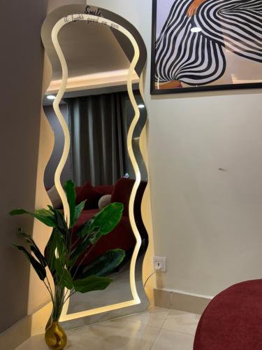 a mirror in a living room with a plant at Elysium Grand Luxury Apartments Fronting Centaurus Mall Islamabad in Islamabad