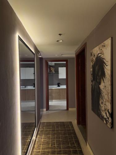 a hallway with a mirror and a painting on the wall at Elysium Grand Luxury Apartments Fronting Centaurus Mall Islamabad in Islamabad