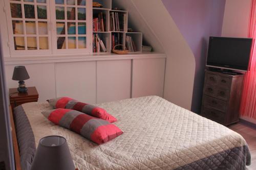 sypialnia z łóżkiem z 2 poduszkami i telewizorem w obiekcie Chambres d'hôtes de Pont C'Hoat w mieście Névez