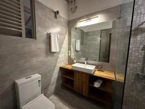 a bathroom with a toilet and a sink and a mirror at MaVilla in Habarana