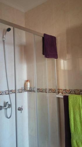 a bathroom with a shower with a purple towel at Maison Zita in Venda do Atalhinho