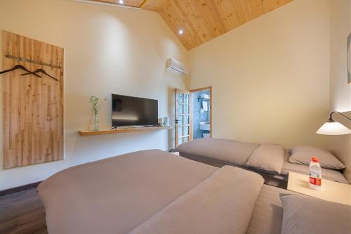 a bedroom with two beds and a tv and a couch at Floral Moganshan Natural Residence Pet Resort B&B in Huzhou