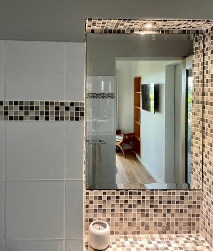 a mirror on a wall in a bathroom at Tranquil Garden Studio in Wollongong