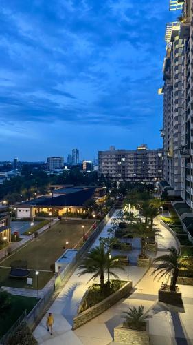 ダバオシティにあるCozy 2Br Condo Unit with Balcony Viewsのヤシの木と建物のある街の景色