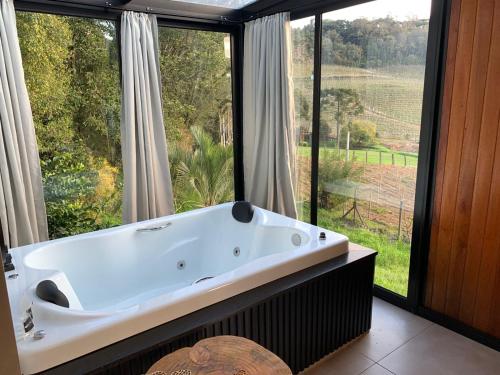 a bath tub in a bathroom with a large window at Cabana no vale dos vinhedos in Bento Gonçalves