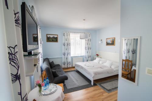 ein Wohnzimmer mit einem Bett und einem Sofa in der Unterkunft Sandomiria in Sandomierz