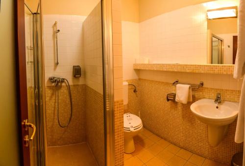 a bathroom with a shower and a toilet and a sink at Pensiunea Play in Deva