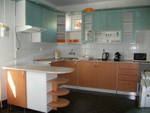 a kitchen with green cabinets and a counter top at Éden II. in Miskolctapolca