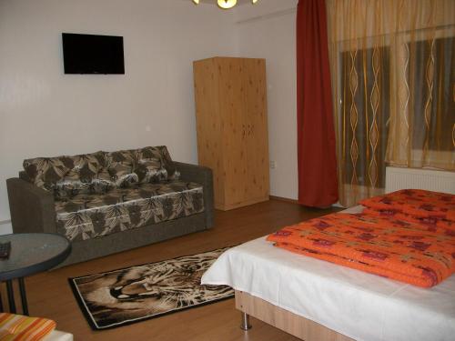 a living room with a bed and a couch at Éden II. in Miskolctapolca