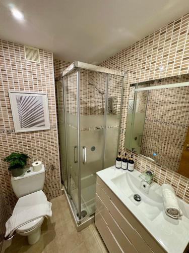 a bathroom with a shower and a toilet and a sink at El Capricho de la Hayuela in Ayuela