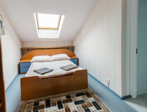 ビャウィストクにあるAdeo Hostelのベッドとラグ付きの小さなベッドルーム1室が備わります。