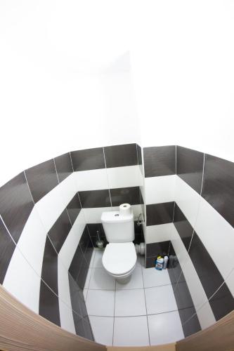 a bathroom with a white toilet in a room at Pension Thaya in Znojmo