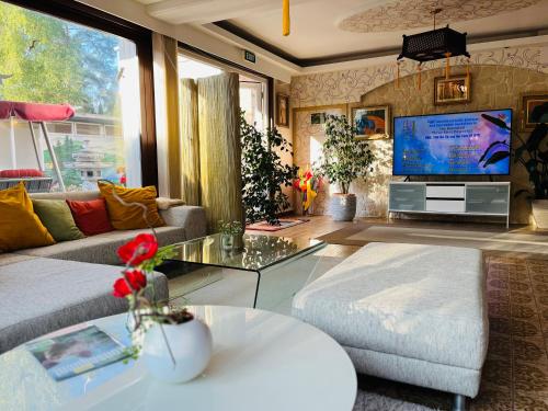 a living room with a couch and a tv at VEGAN Pension & Restaurant in Sankt Kanzian