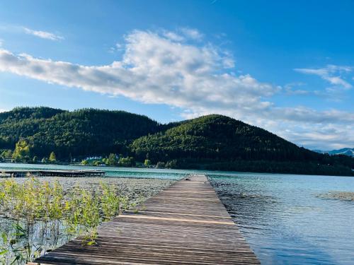 a wooden bridge over a body of water at VEGAN Pension & Restaurant in Sankt Kanzian