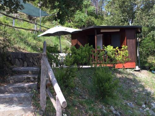 a small cabin with an umbrella in the grass at Villaggio Camping Valdeiva in Deiva Marina
