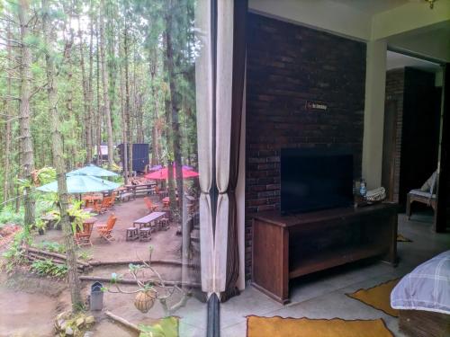 a room with a window with a television and a patio at Omah kayu bromo in Ngadisari
